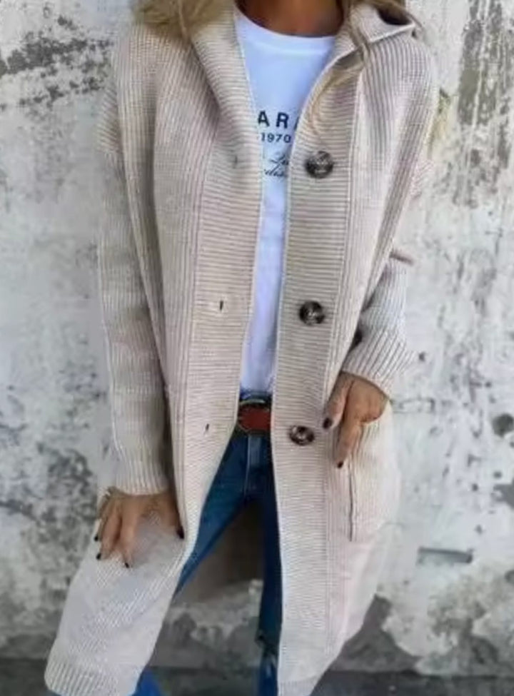 Women's Long Hooded Sweater Coat with Pockets - Blair - Beige