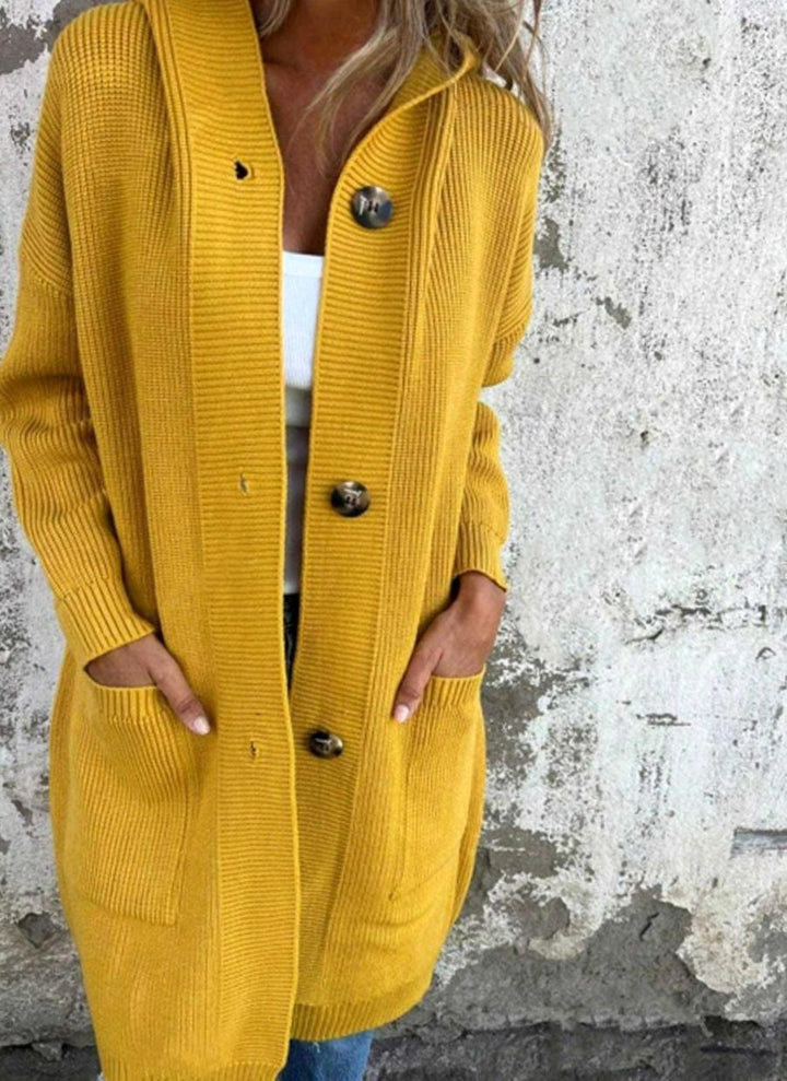 Women's Long Hooded Sweater Coat with Pockets - Blair - Mustard