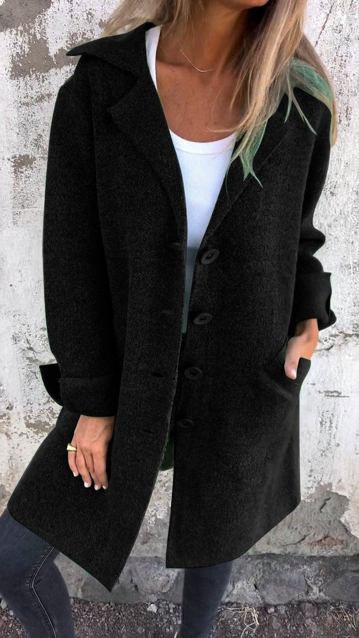 Women's Long Knit Coat with Notch Lapels - Tilda - Black