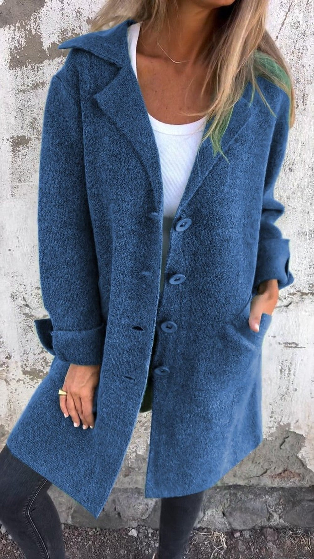Women's Long Knit Coat with Notch Lapels - Tilda - Blue