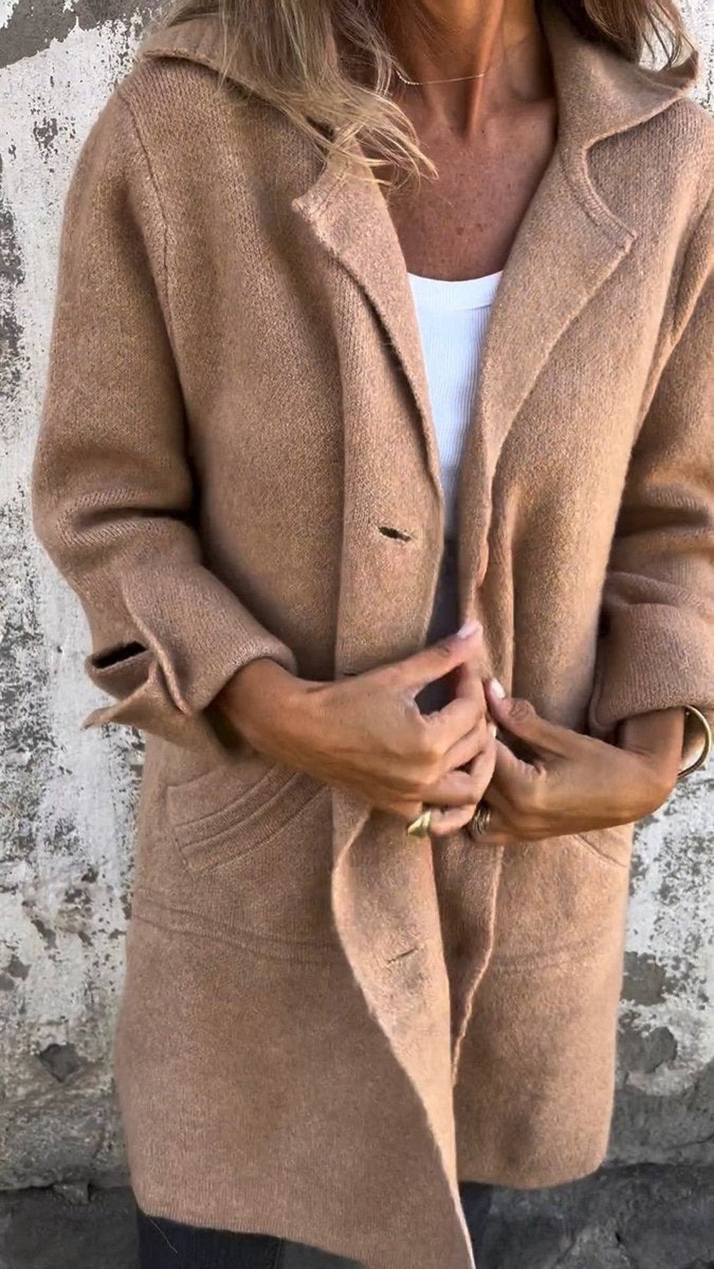 Women's Long Knit Coat with Notch Lapels - Tilda - Camel