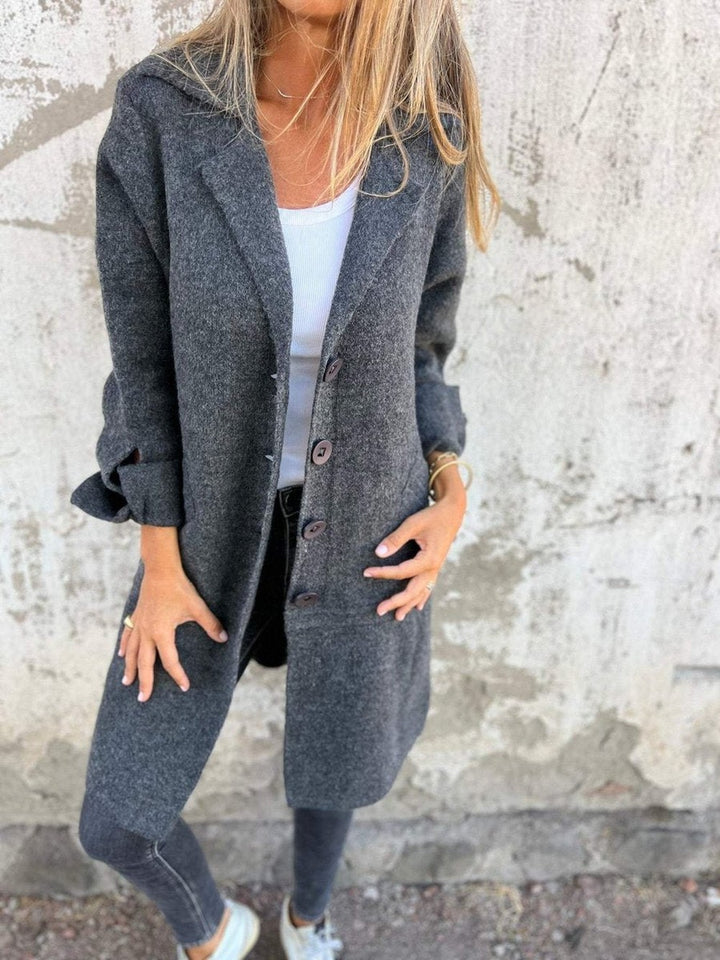 Women's Long Knit Coat with Notch Lapels - Tilda - Charcoal