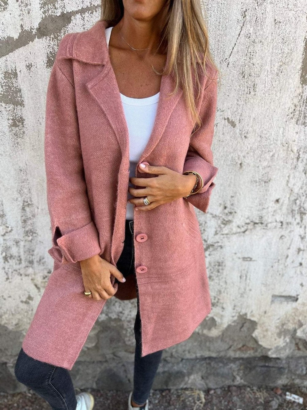 Women's Long Knit Coat with Notch Lapels - Tilda - Dusty Pink