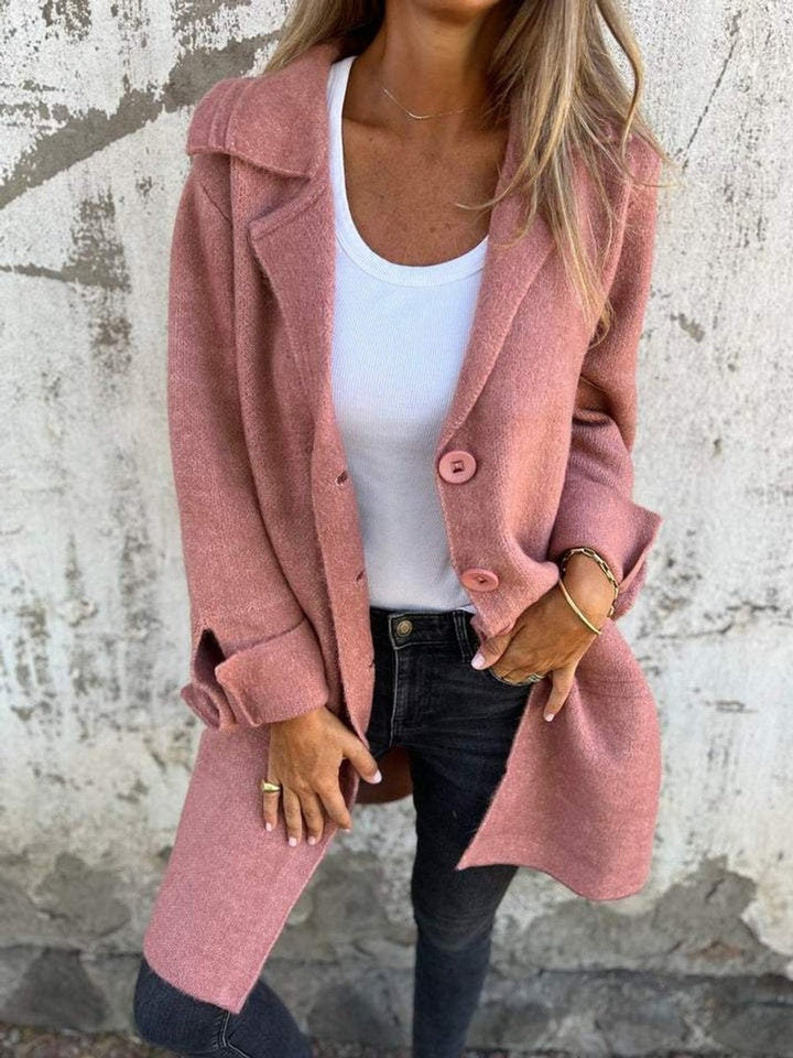 Women's Long Knit Coat with Notch Lapels - Tilda - Dusty Pink