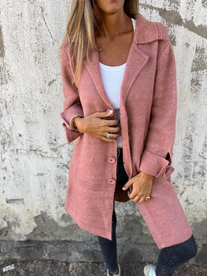 Women's Long Knit Coat with Notch Lapels - Tilda - Dusty Pink