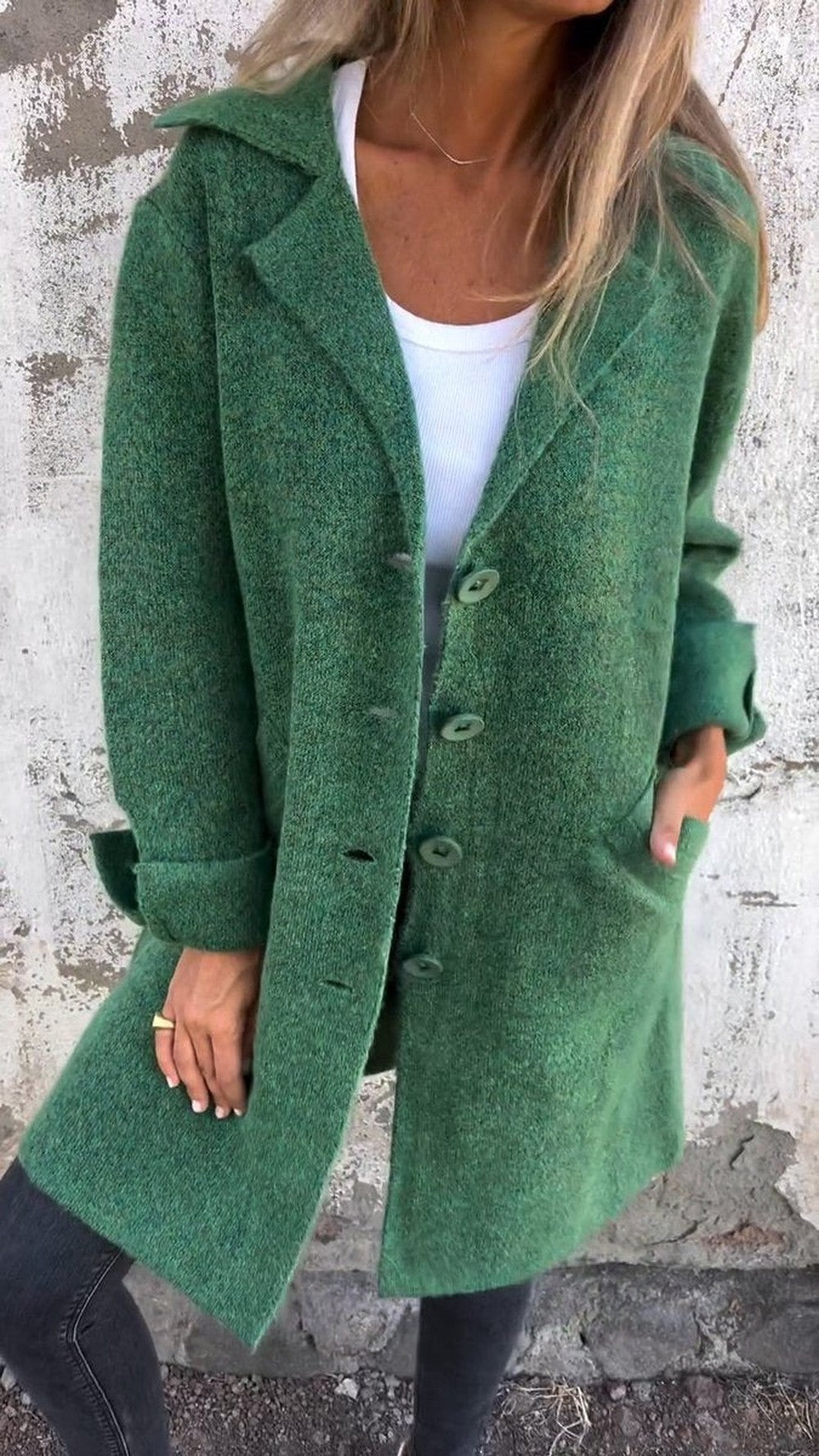 Women's Long Knit Coat with Notch Lapels - Tilda - Green