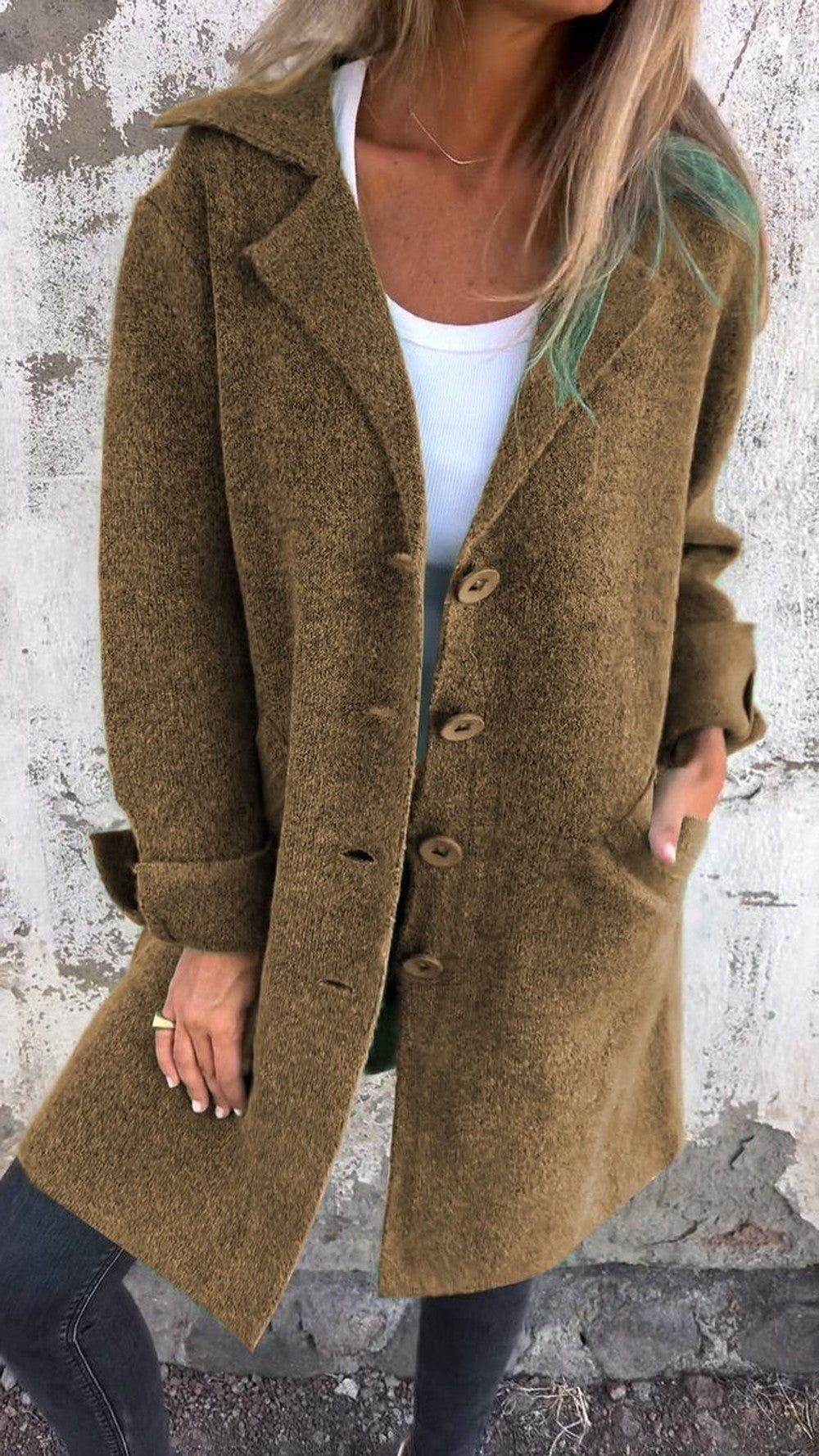 Women's Long Knit Coat with Notch Lapels - Tilda - Olive Brown