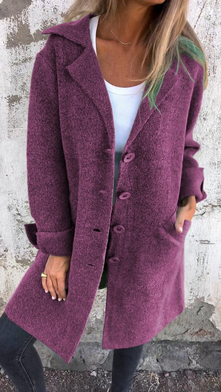 Women's Long Knit Coat with Notch Lapels - Tilda - Plum