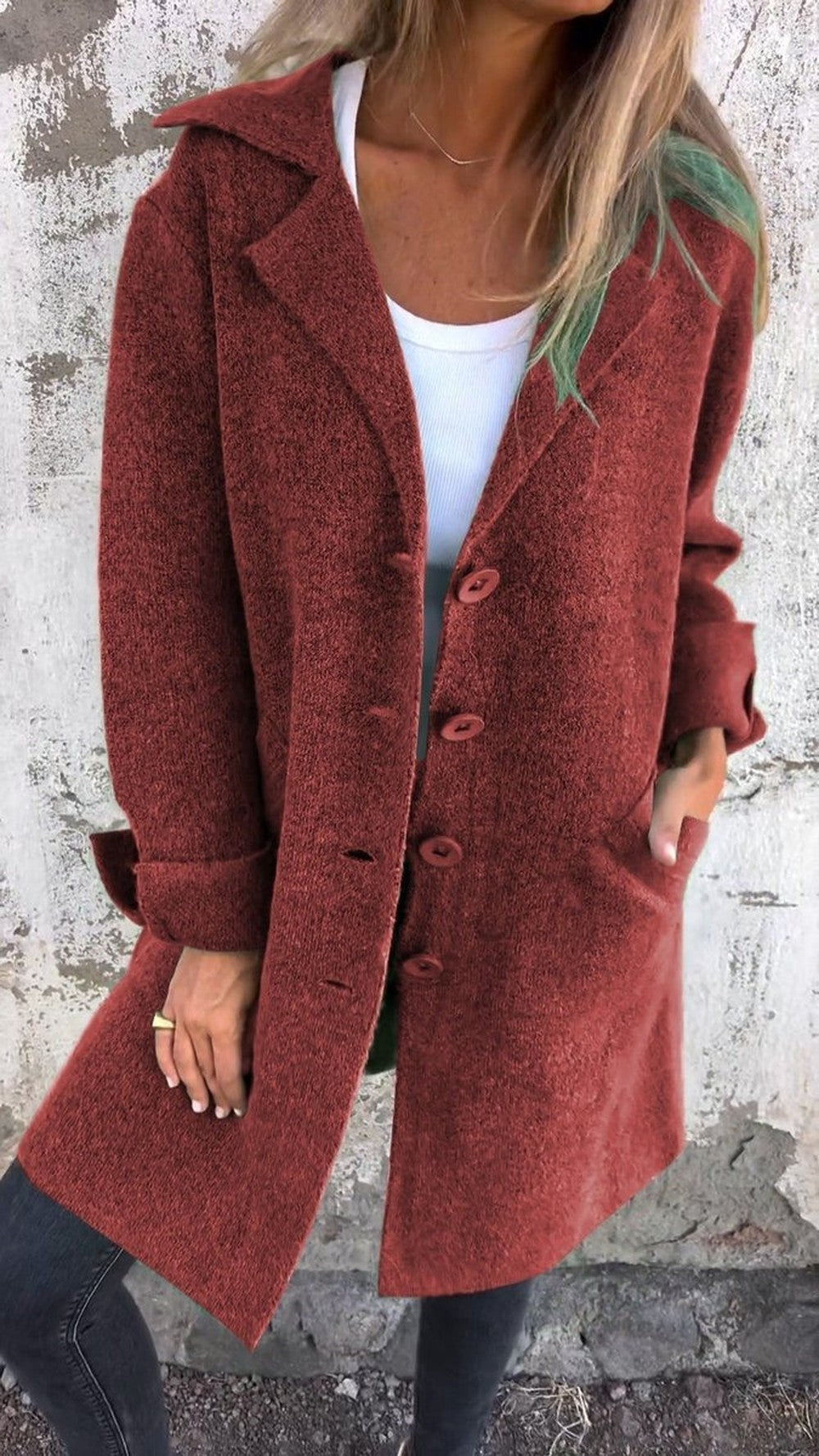 Women's Long Knit Coat with Notch Lapels - Tilda - Red