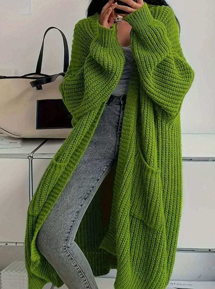 Women's Oversized Long Cardigan with Pockets - Greta - Lime Green