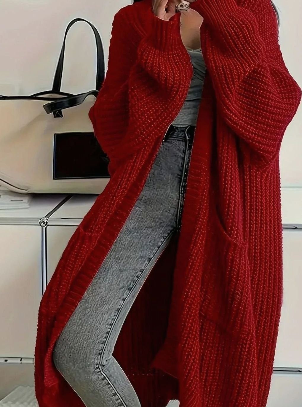 Women's Oversized Long Cardigan with Pockets - Greta - Red