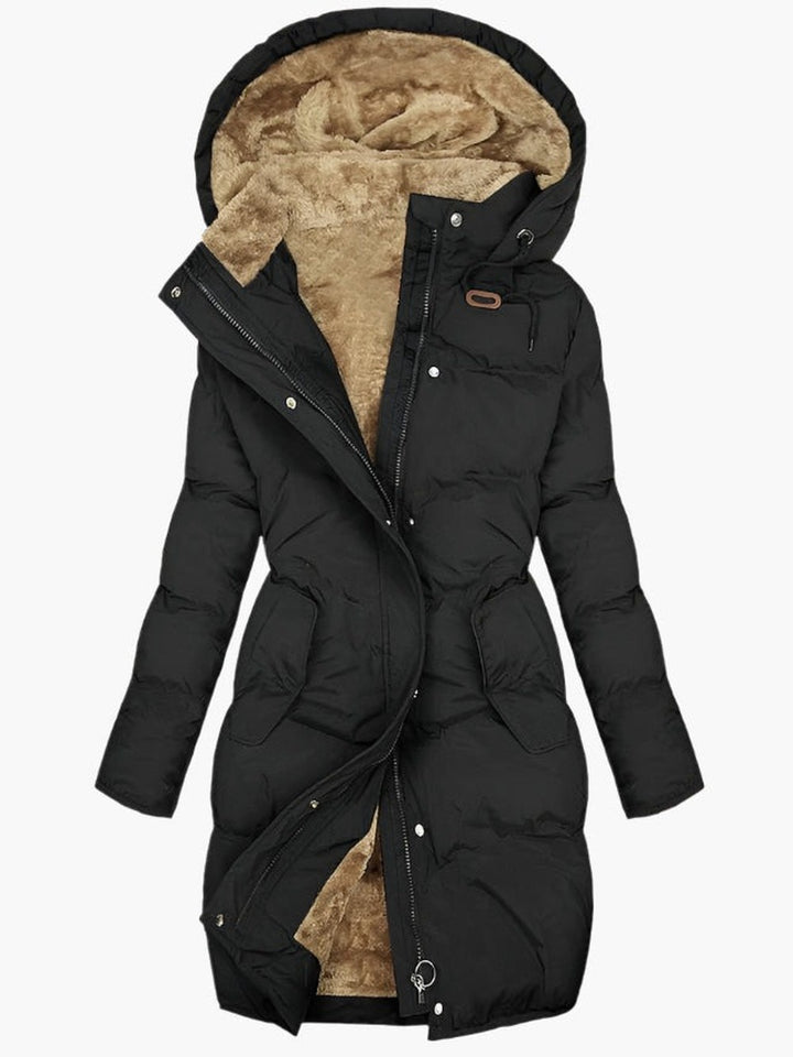 Women's Long Puffer Coat with Faux Fur Hood - Dora - Black