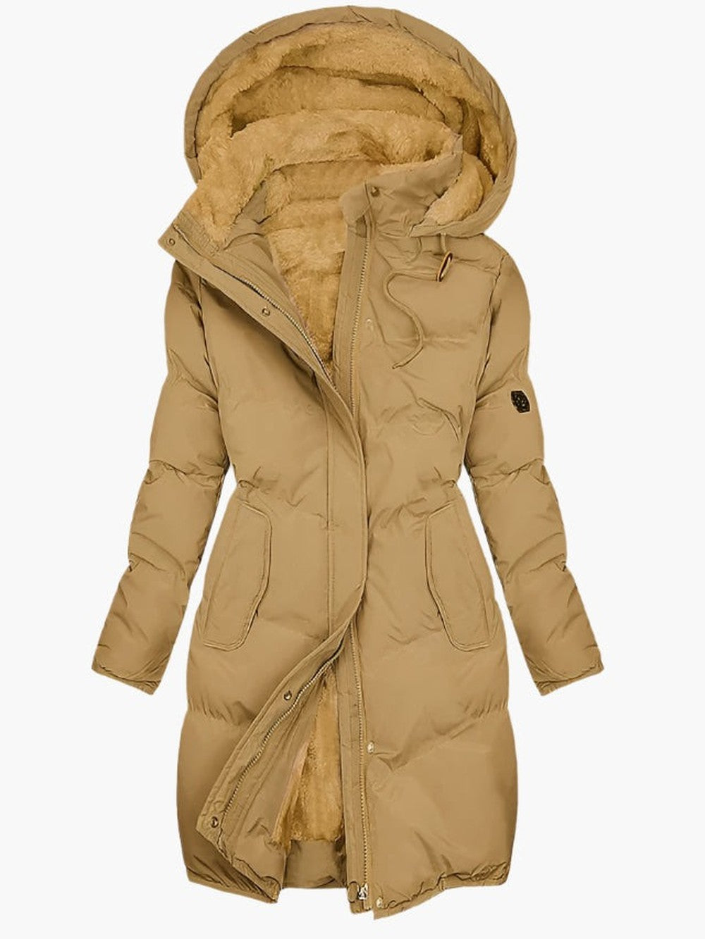 Women's Long Puffer Coat with Faux Fur Hood - Dora - Camel