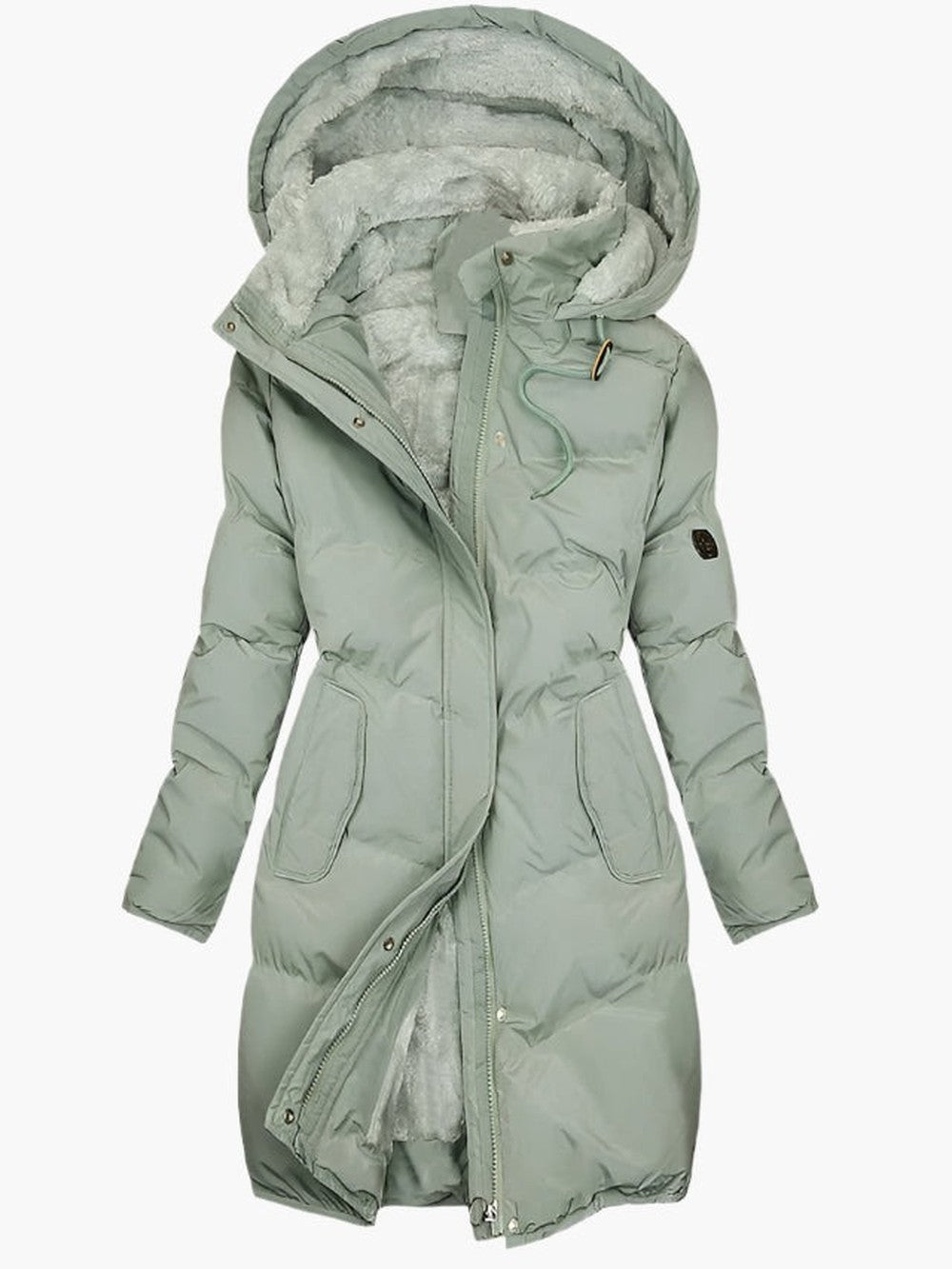 Women's Long Puffer Coat with Faux Fur Hood - Dora - Sage