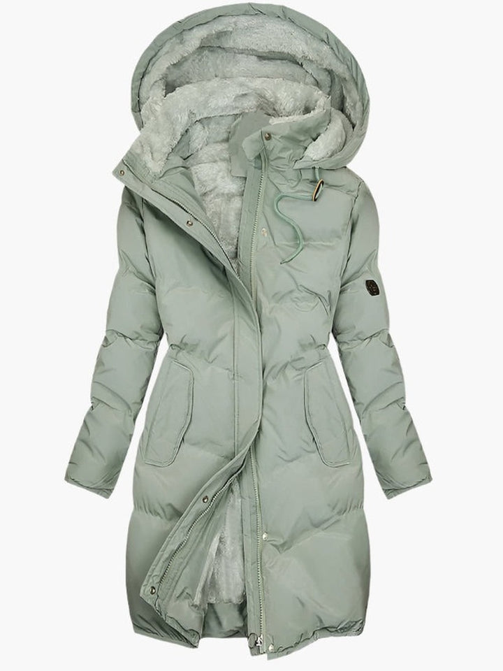 Women's Long Puffer Coat with Faux Fur Hood - Dora - Sage