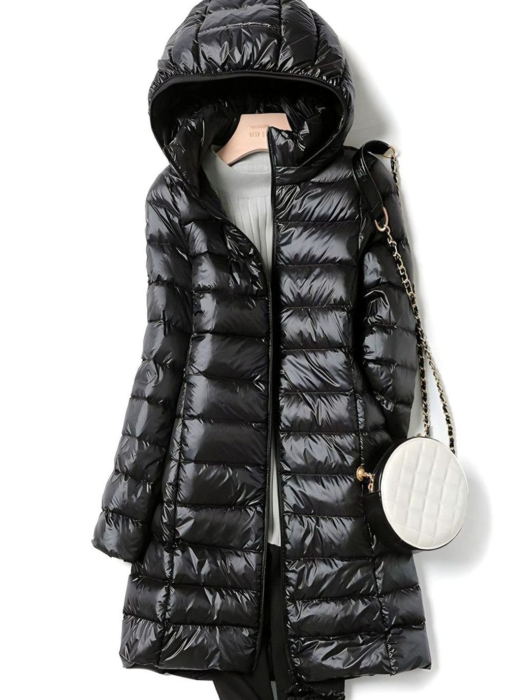 Women's Long Hooded Quilted Jacket - Wren - Black