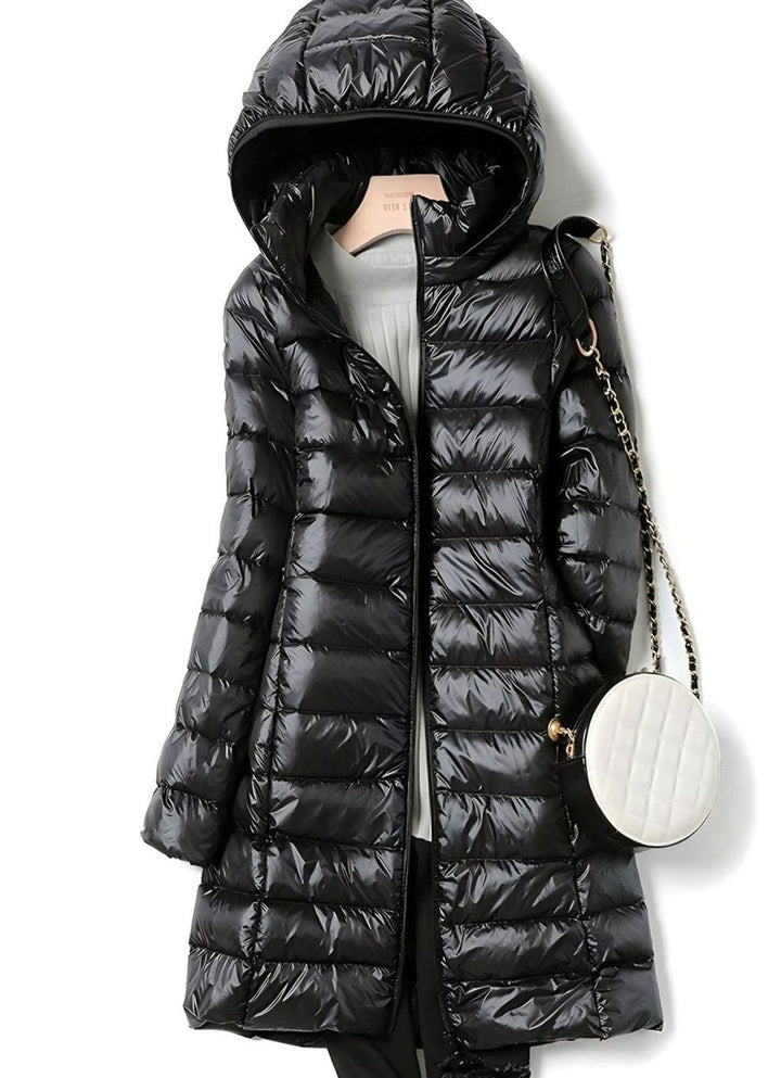 Women's Long Hooded Quilted Jacket - Wren - Black