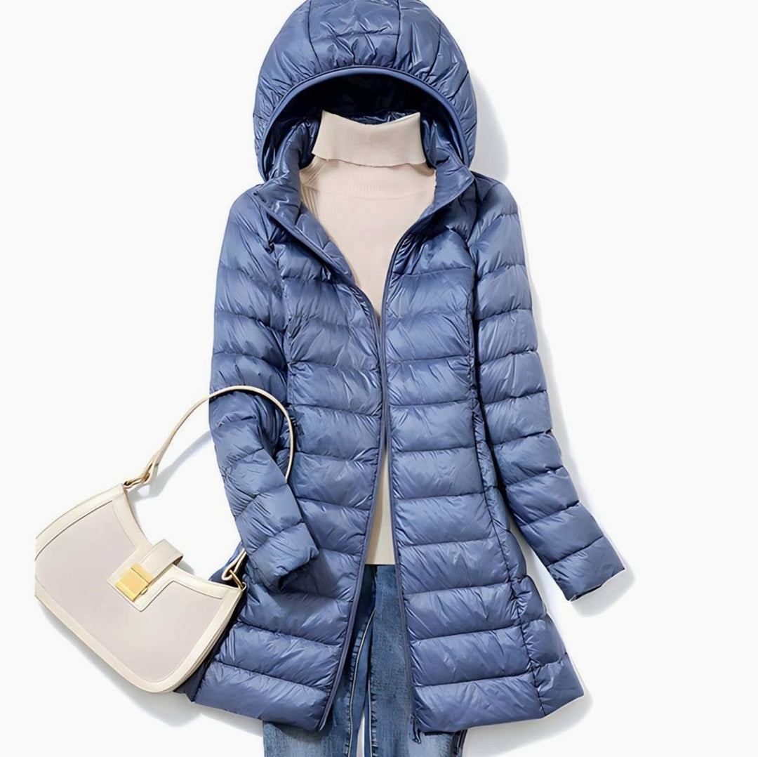 Women's Long Hooded Quilted Jacket - Wren - Blue