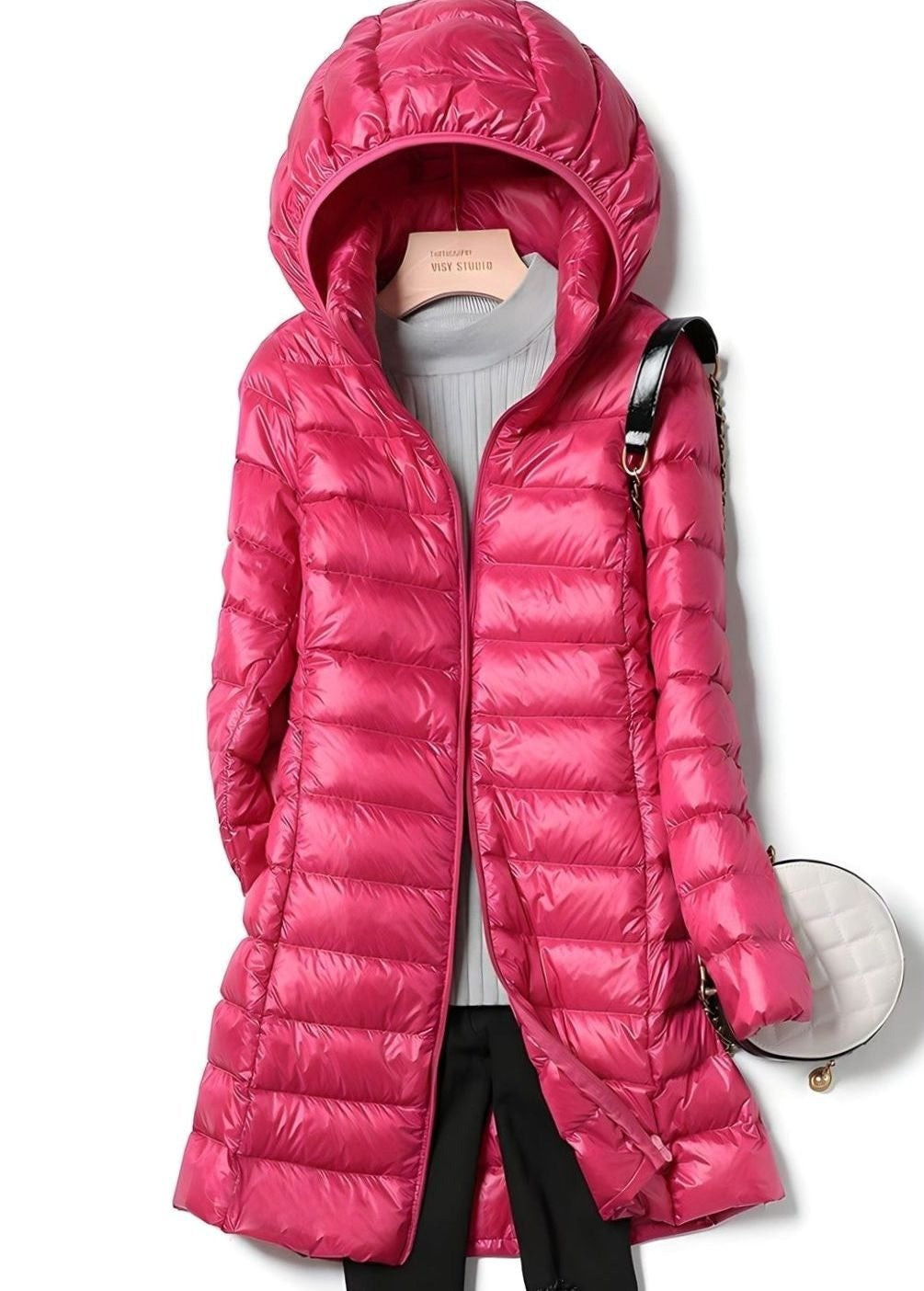 Women's Long Hooded Quilted Jacket - Wren - Hot Pink
