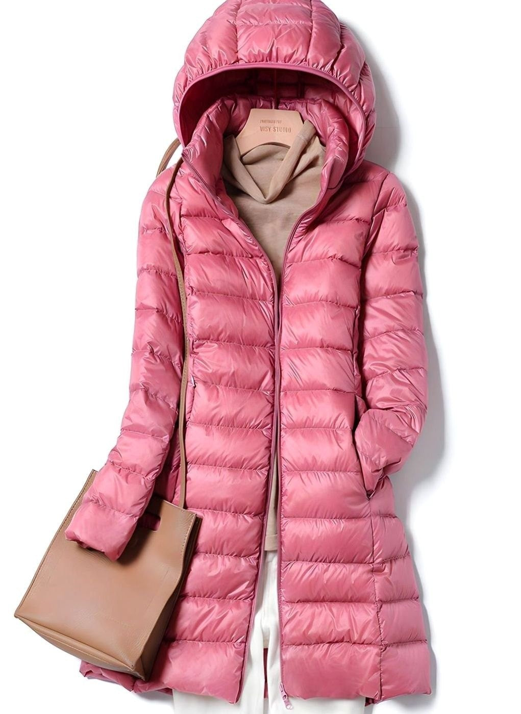 Women's Long Hooded Quilted Jacket - Wren - Pink