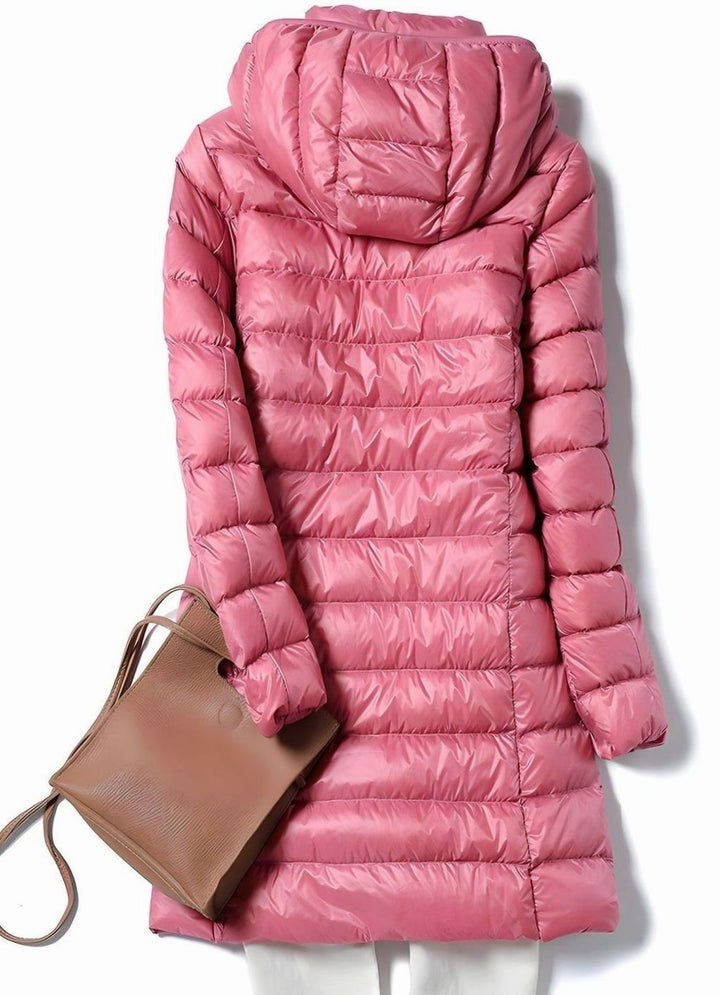 Women's Long Hooded Quilted Jacket - Wren - Pink