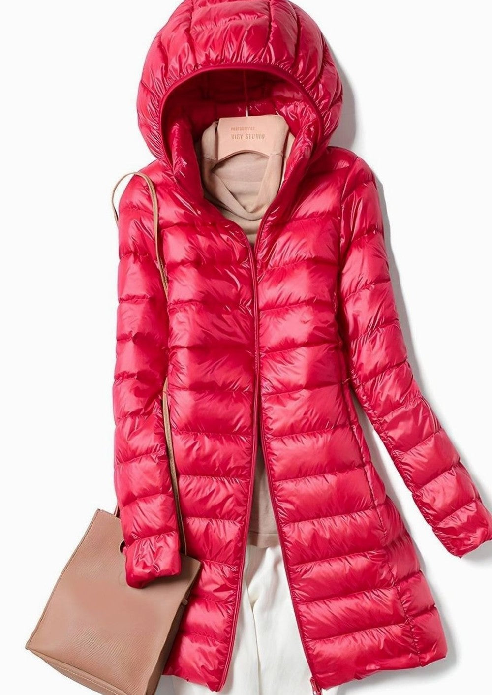 Women's Long Hooded Quilted Jacket - Wren - Red
