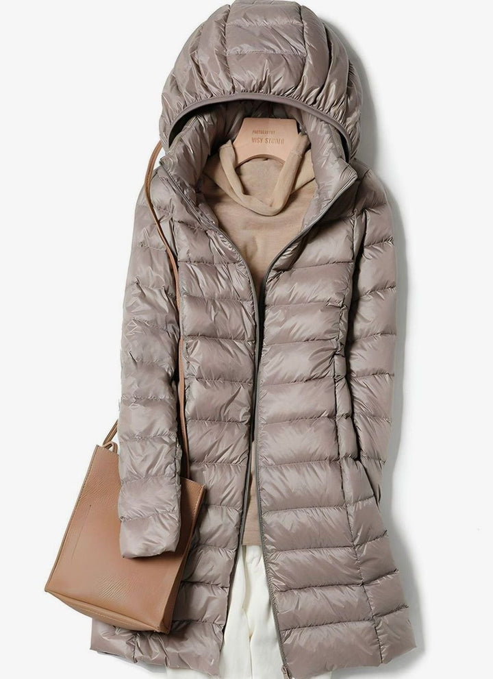 Women's Long Hooded Quilted Jacket - Wren - Taupe
