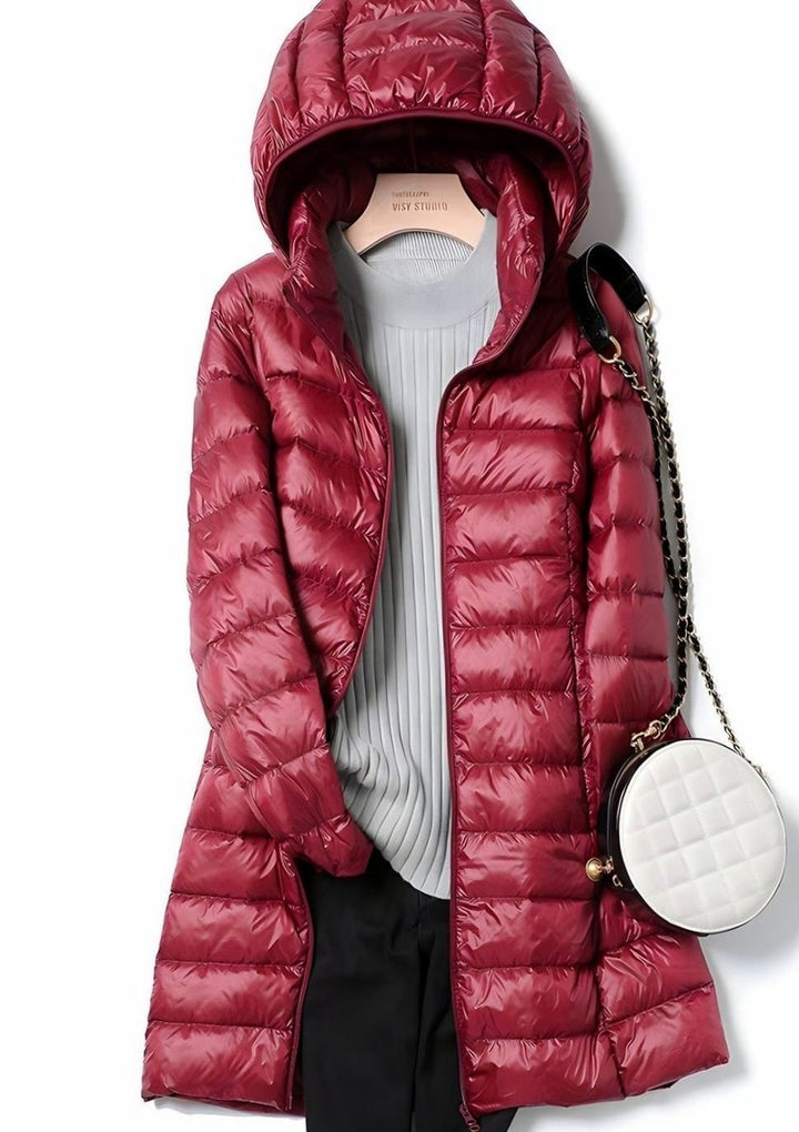 Women's Long Hooded Quilted Jacket - Wren - Wine Red