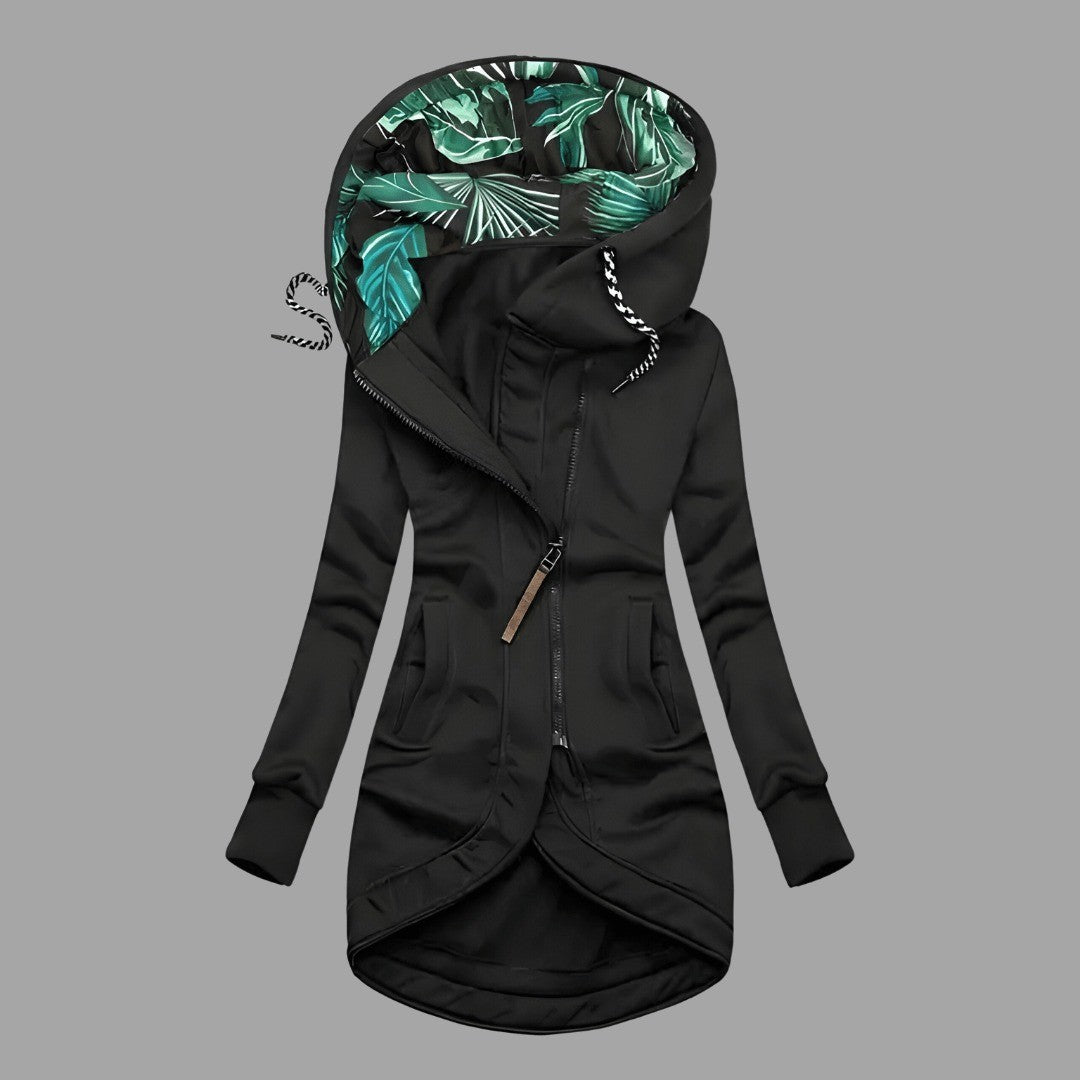 Women's Longline Hooded Jacket with Printed Lining - Celeste - Black