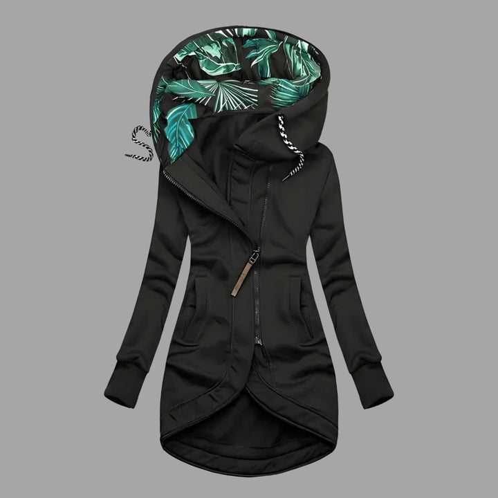 Women's Longline Hooded Jacket with Printed Lining - Celeste - Black