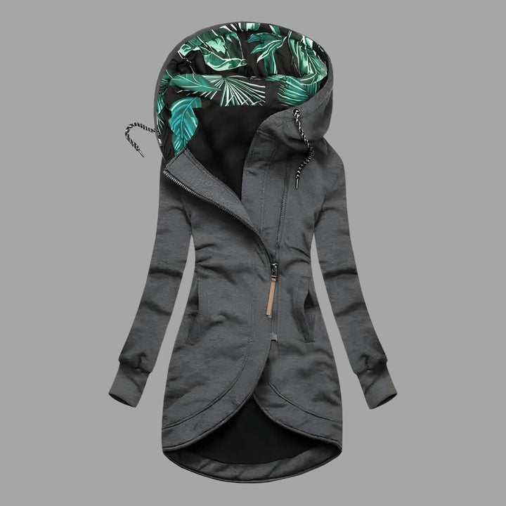 Women's Longline Hooded Jacket with Printed Lining - Celeste - Gray