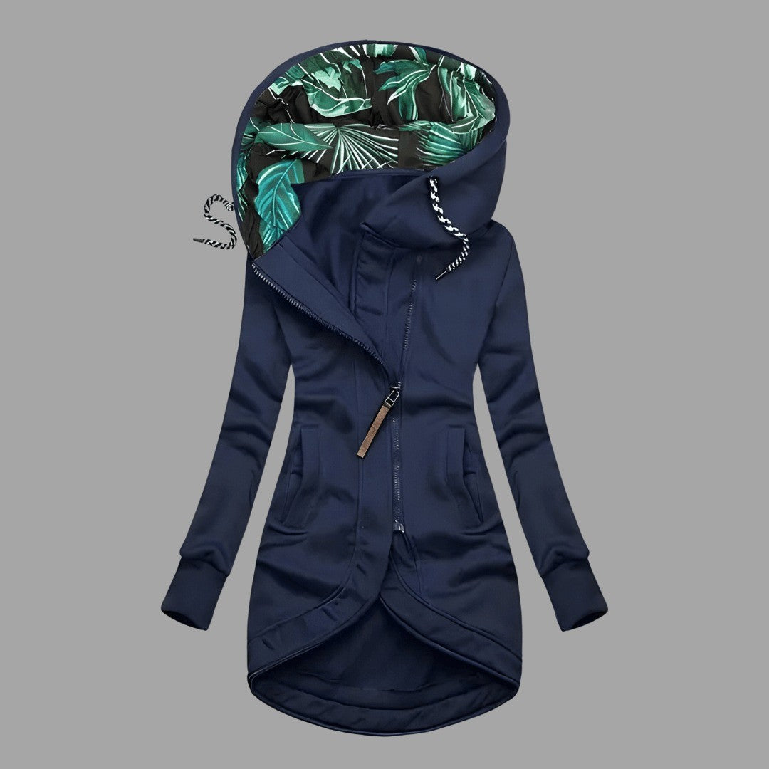 Women's Longline Hooded Jacket with Printed Lining - Celeste - Navy