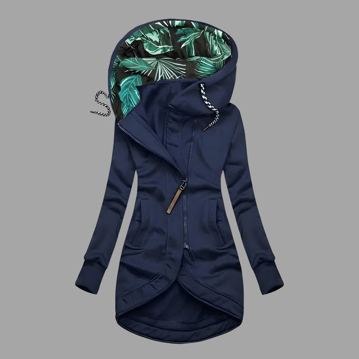 Women's Longline Hooded Jacket with Printed Lining - Celeste - Navy