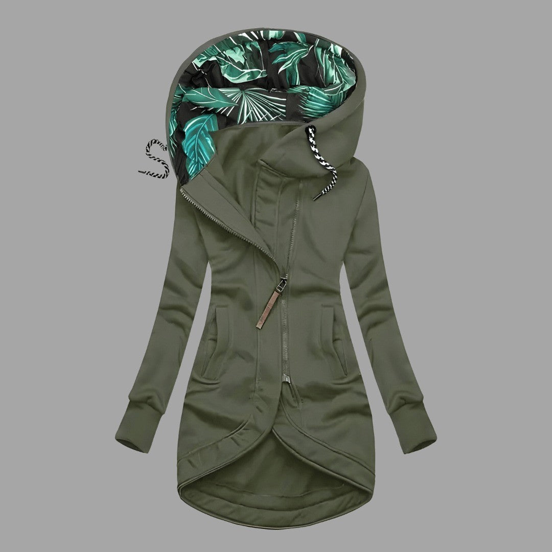 Women's Longline Hooded Jacket with Printed Lining - Celeste - Olive