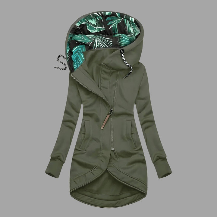 Women's Longline Hooded Jacket with Printed Lining - Celeste - Olive
