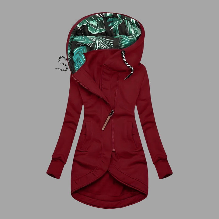 Women's Longline Hooded Jacket with Printed Lining - Celeste - Wine Red