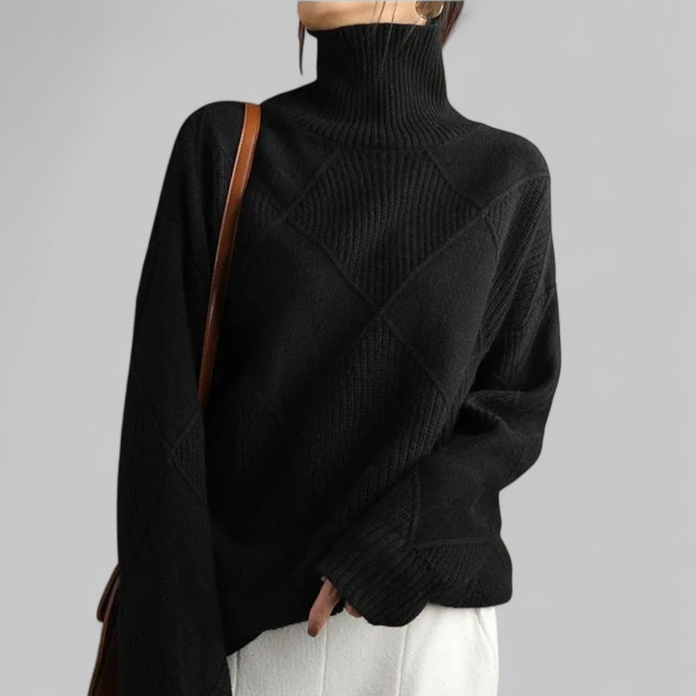 Women's Loose Turtleneck Sweater with Diamond Pattern - Aurora - Black