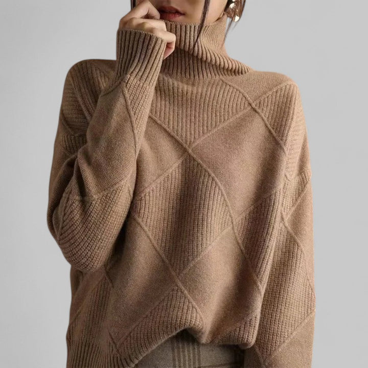 Women's Loose Turtleneck Sweater with Diamond Pattern - Aurora - Camel