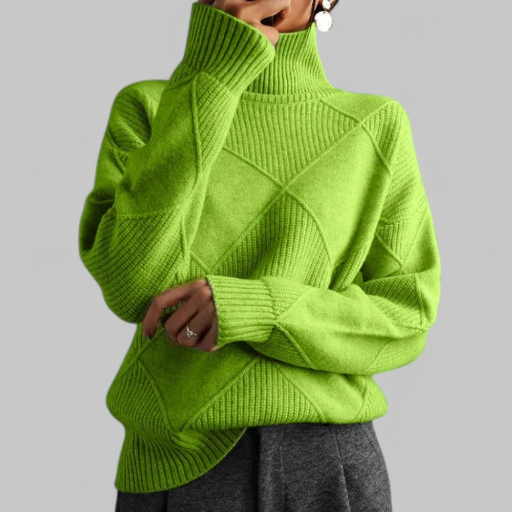 Women's Loose Turtleneck Sweater with Diamond Pattern - Aurora - Lime