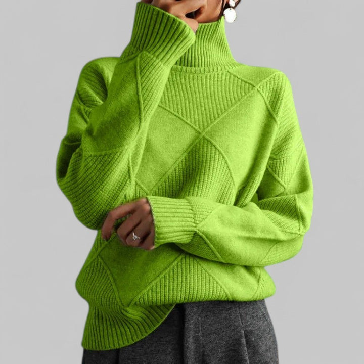 Women's Loose Turtleneck Sweater with Diamond Pattern - Aurora - Lime