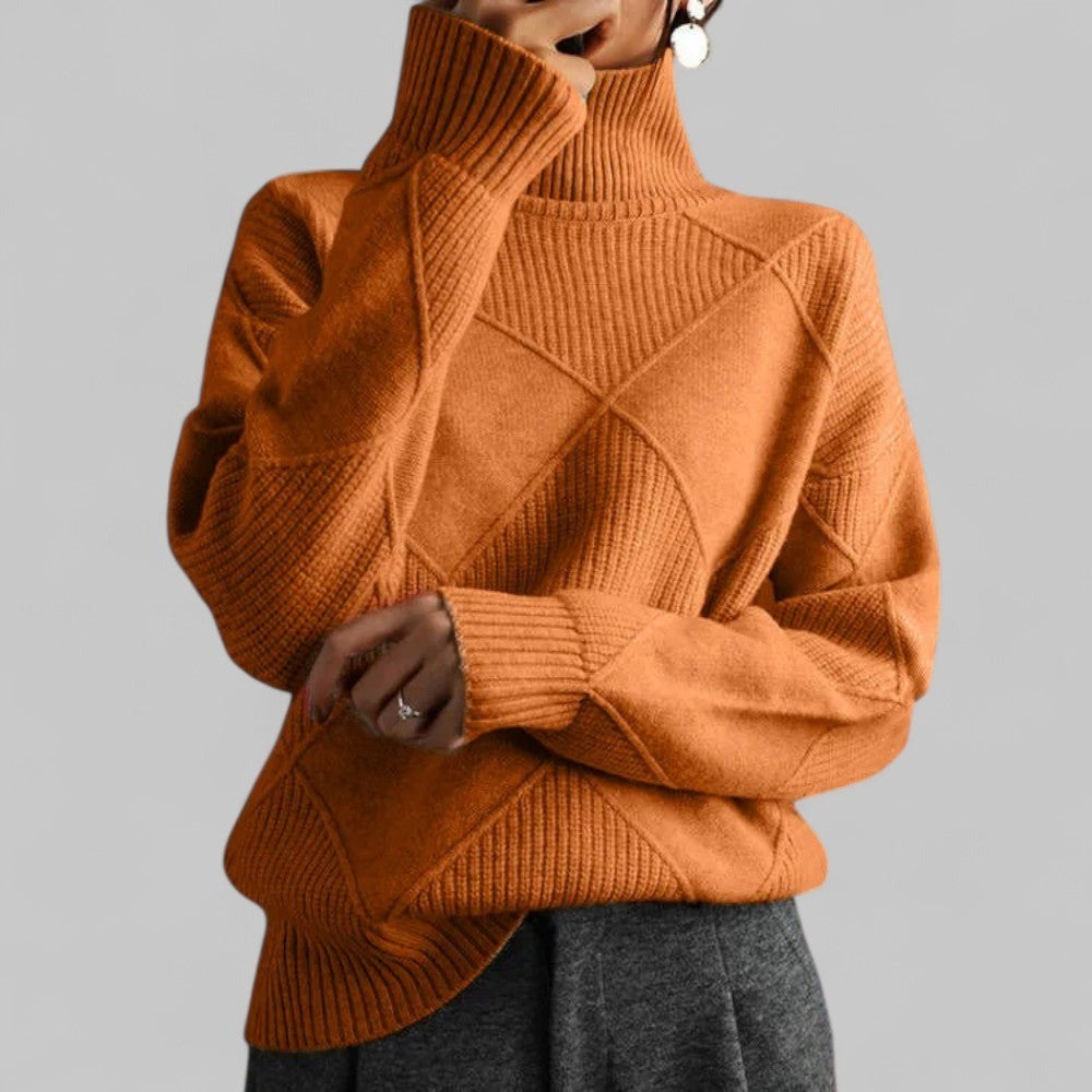 Women's Loose Turtleneck Sweater with Diamond Pattern - Aurora - Orange