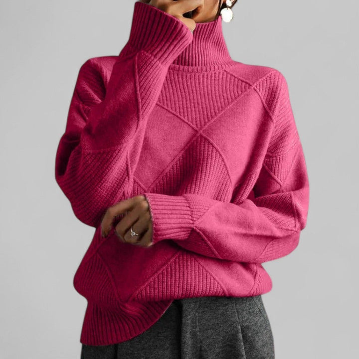 Women's Loose Turtleneck Sweater with Diamond Pattern - Aurora - Raspberry