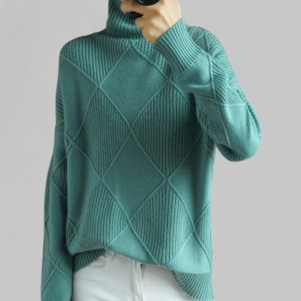 Women's Loose Turtleneck Sweater with Diamond Pattern - Aurora - Teal