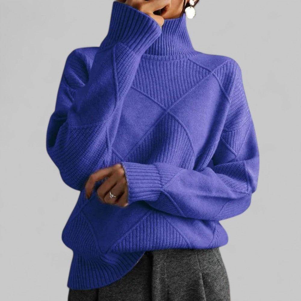 Women's Loose Turtleneck Sweater with Diamond Pattern - Aurora - Violet