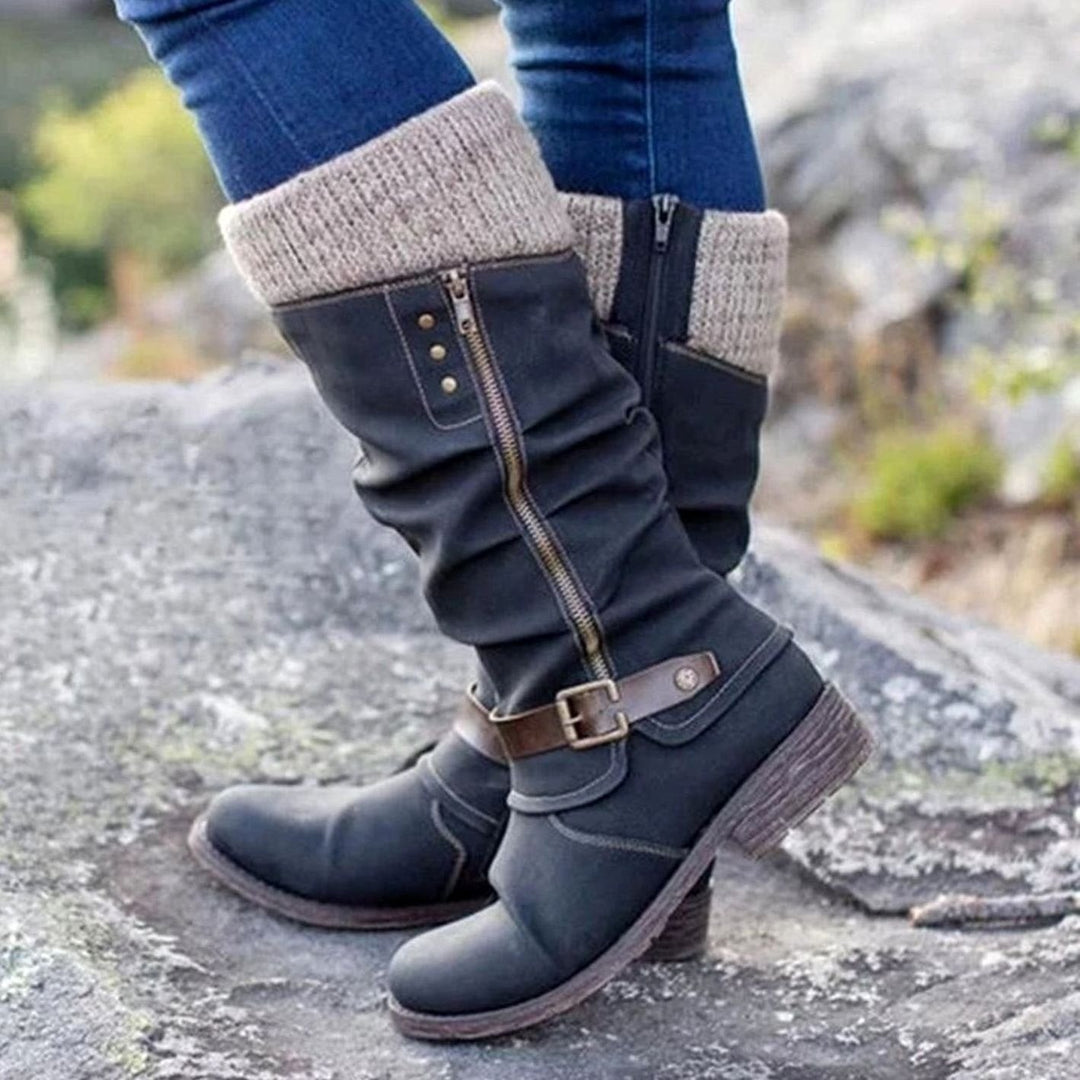 Women's Mid Calf Winter Boots with Knit Cuff - Sienna - Black