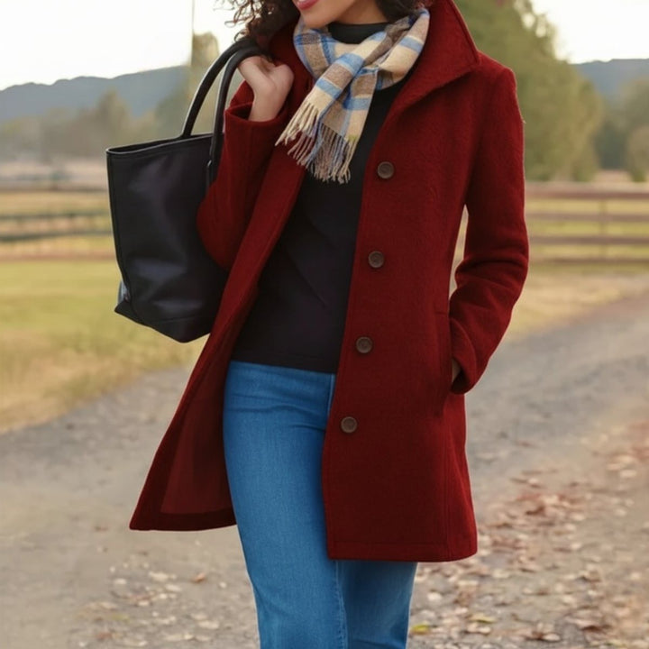 Women's Mid Length Coat with Button Front - Posy - Berry Red