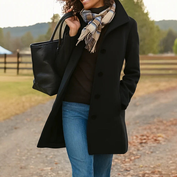 Women's Mid Length Coat with Button Front - Posy - Black