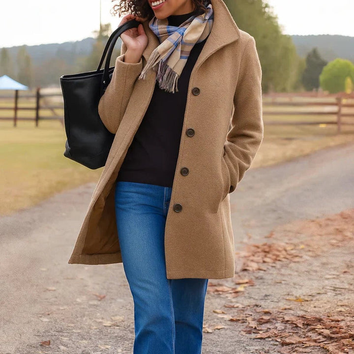 Women's Mid Length Coat with Button Front - Posy - Camel