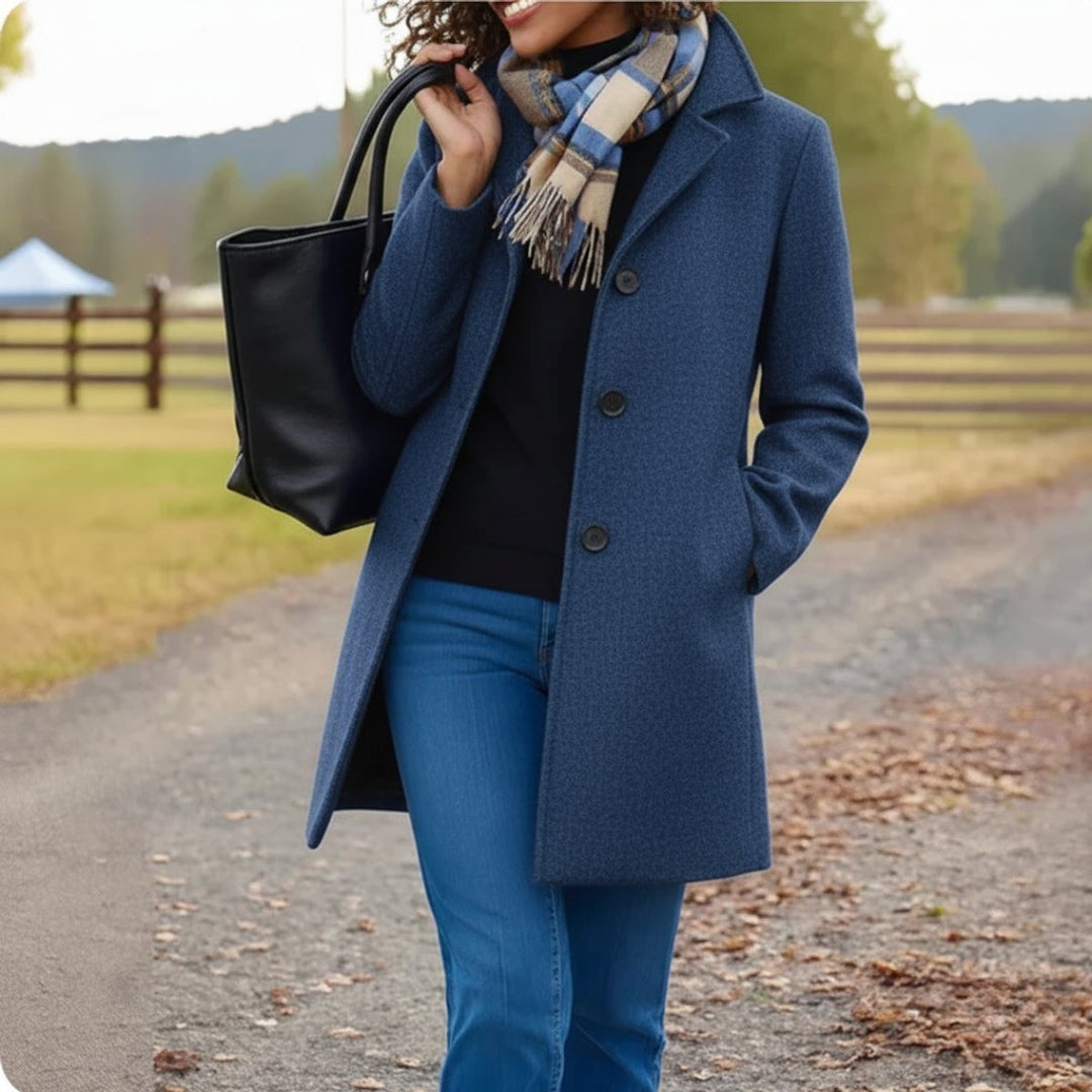 Women's Mid Length Coat with Button Front - Posy - Denim Blue