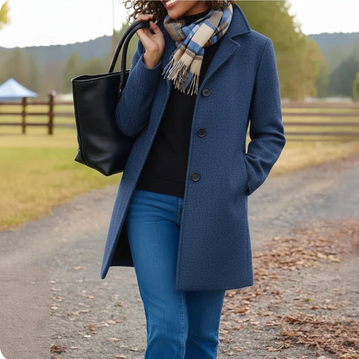 Women's Mid Length Coat with Button Front - Posy - Denim Blue